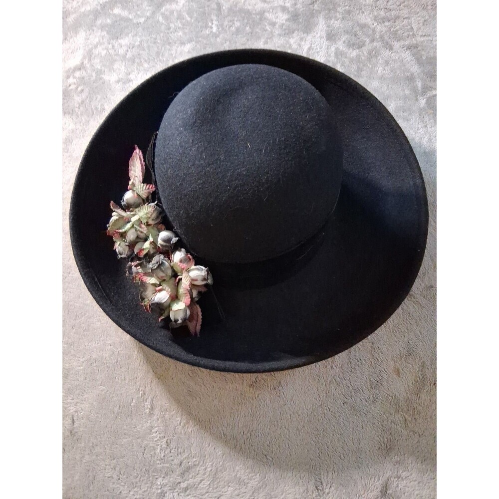 Vintage Betmar Black Wool Ladies Hat with Velvet Trim Accent Flower